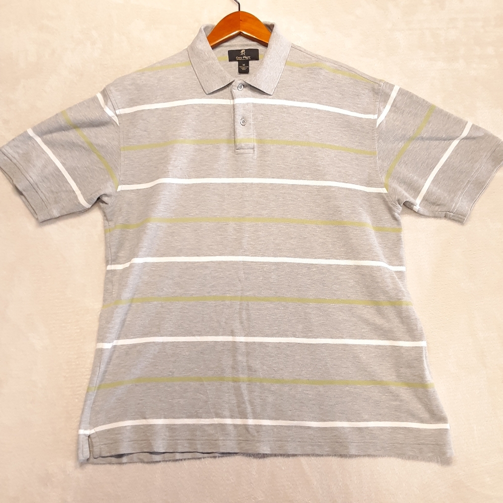 Gary Player Mens Polo Shirt Medium Gray Striped Cotton Golf